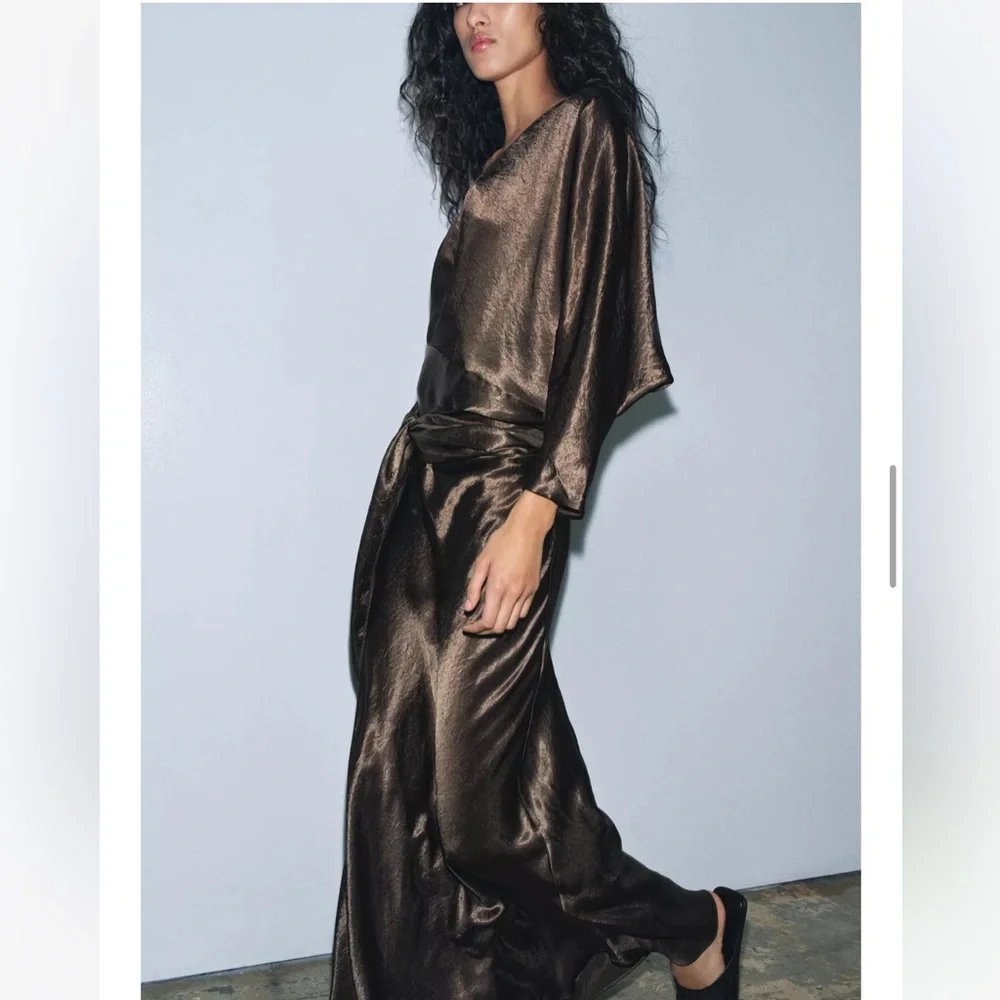 Zara NWT ZW Collection satin effect wrap dress brown 9780/063